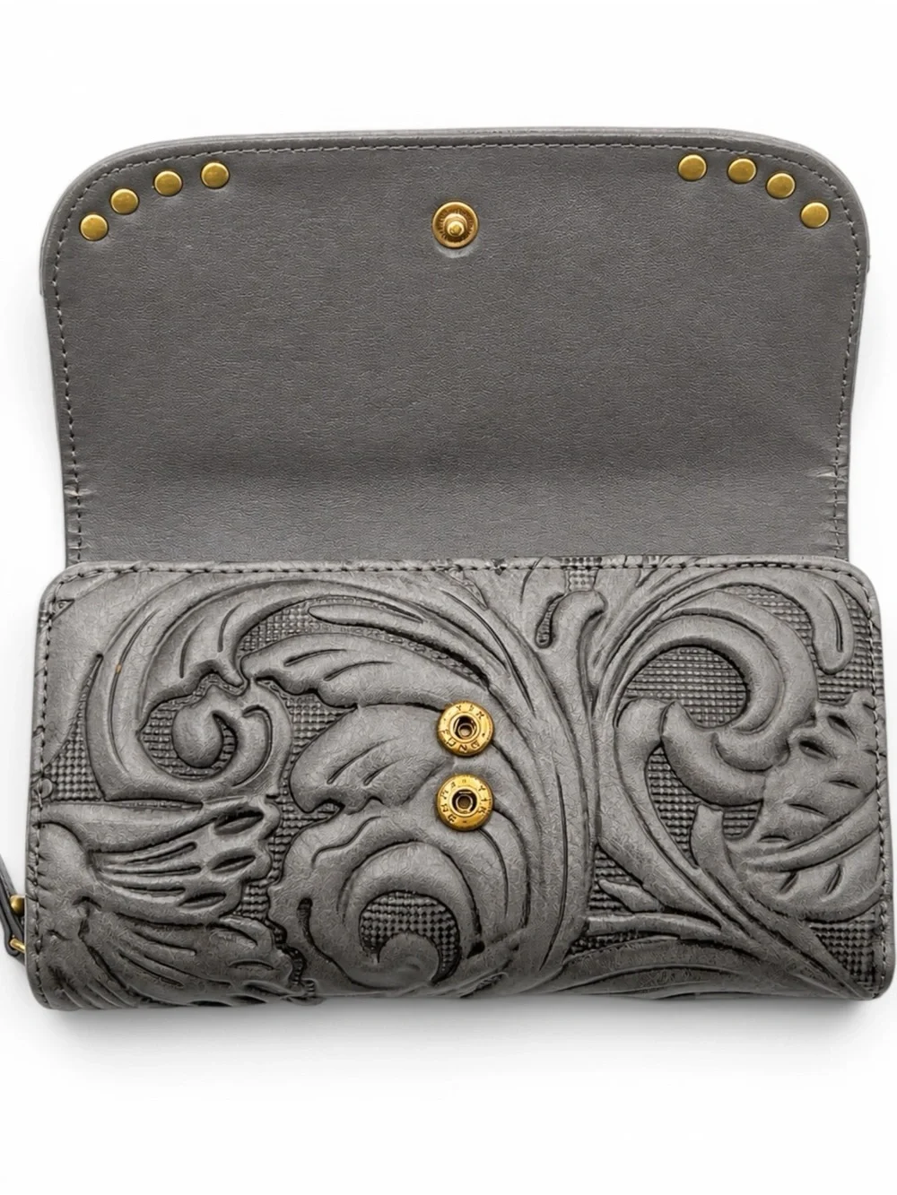 B O C Born Concept Gray Tooled Faux Leather Clutch Wallet Studded Boho Organizer